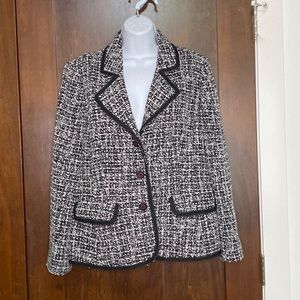 Tribal Blazer Sz 12, Black & White Tweed / Firmly Woven Boucle w Velvet Trim